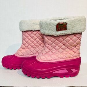 Sorel Girl Sz 3 Powder Storm Pink Snow Winter Boots Pull On Fleece Quilted